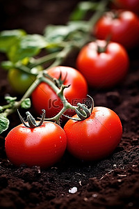 成熟的西红柿生长在花园土壤上