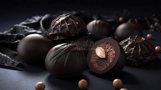 吃东西背景图片_整个榛子和黑松露填充黑巧克力糖果 3d