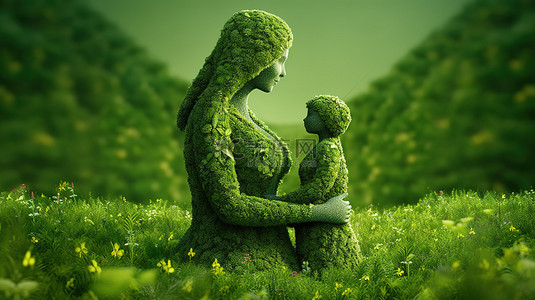 郁郁葱葱的绿草中雕刻的地球母亲 3D 雕像
