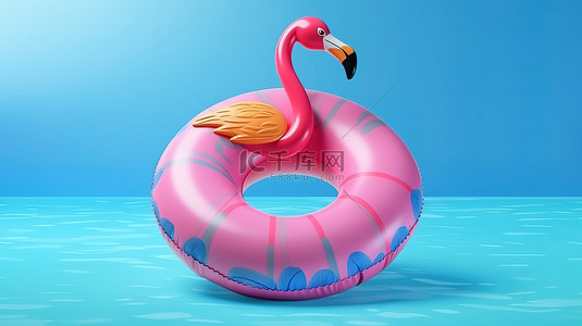 粉色火烈鸟背景图片_蓝色背景夏季泳池中漂浮的粉色充气火烈鸟玩具的 3D 渲染