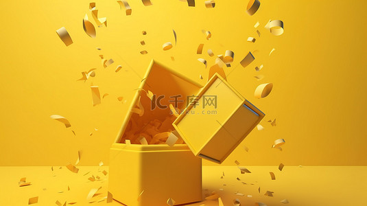 黄色主题背景，礼品盒打开，礼品盒掉落的 3D 渲染图