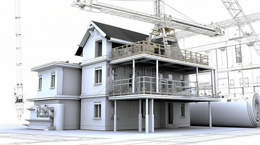 下半年计划背景图片_白色背景上带有 3D 房屋卡尺和起重机的建筑蓝图