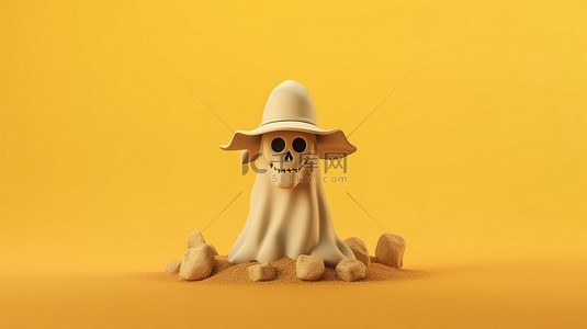 黄色背景女巫帽中鬼魂的 3d 渲染，万圣节有坟墓和复制空间