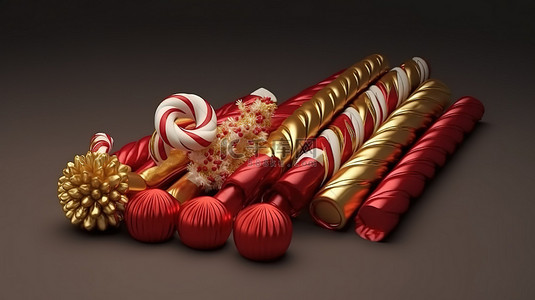 圣诞节明信片背景图片_金色和红色糖果手杖的逼真 3D 组合完美的圣诞节冬季装饰