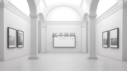 艺术画廊博物馆的 3D 渲染，以白色空白标语牌模型框架为特色