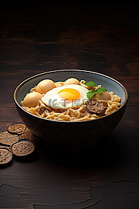 桌上放着一个碗，里面有鸡蛋和日本面条