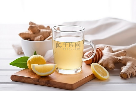 暴打柠檬茶背景图片_白桌上放着柠檬的热姜茶
