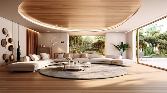 别墅室内背景图片_现代别墅客厅的 3d 渲染，配有沙发和躺椅
