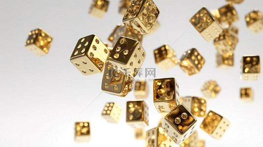 闪亮的金色骰子在白色背景 3D 渲染的赌场游戏概念中飞得很高