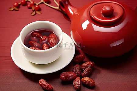 红枣背景图片_红色表面的中国红枣杯和茶