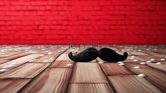 使用 3D 渲染创建的质朴红白木板上的人造黑胡子