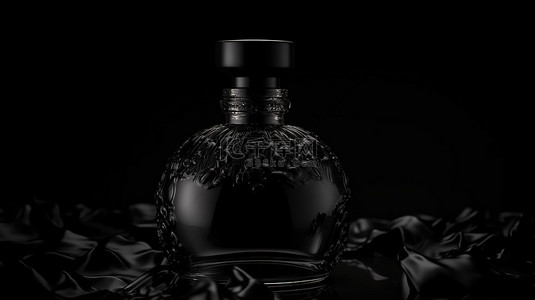 黑色背景中黑色瓶子和罐子中香水和化妆品的深色前卫 3D 渲染