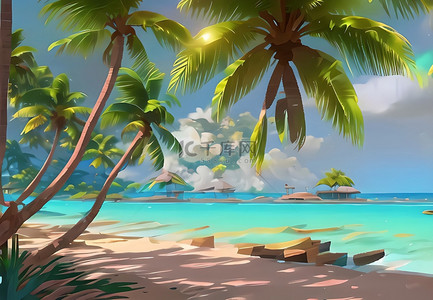 度假沙滩背景图片_海滩椰子树景色夏日度假