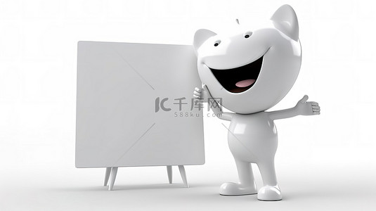 白色背景上拿着空白广告架的白齿人物吉祥物的 3D 渲染