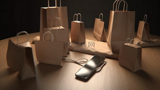 手机店铺背景图片_带有描述购物概念的纸袋的智能手机的 3D 渲染