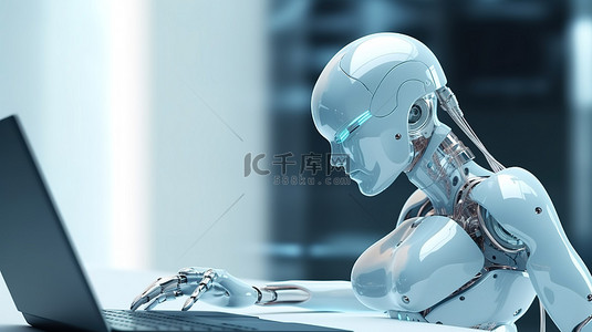 女性机器人或机器人在行动 3D 渲染在电脑笔记本上工作的自动化办公室工作人员