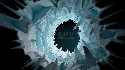 冰碎冰背景图片_破碎冰墙的中心孔 3D 插图与广告空间