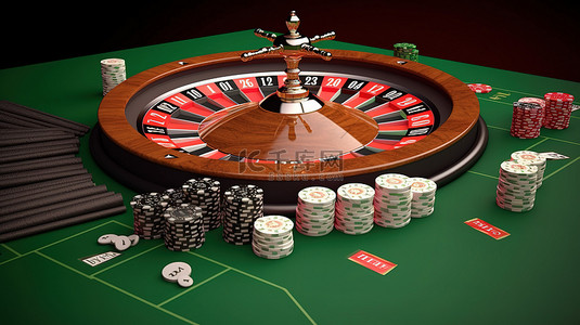 塑料骰子背景图片_绿色背景上赌场轮盘扑克筹码扑克牌和骰子的充满活力的 3D 描绘