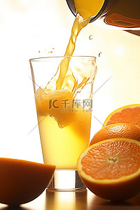 水果背景图片_橙汁与橙子一起倒入玻璃杯中
