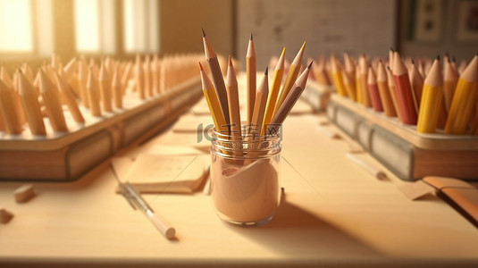 教育课程培训背景图片_课堂必需品 课桌和铅笔的 3D 渲染，以实现教育概念