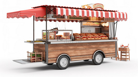 白色背景图上卖热狗的街头食品摊贩的 3d 渲染