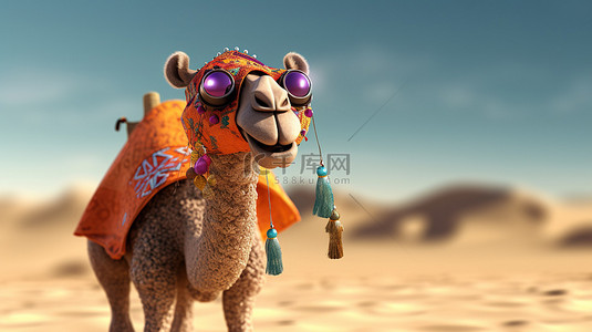 俏皮的 3D 骆驼戴着面具玩耍