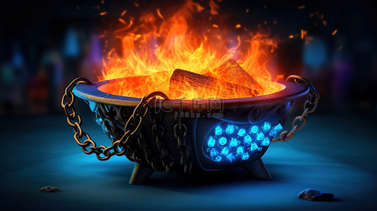 卡通烧烤架背景图片_3D 插图中的加密货币野餐火热大锅和链式烧烤架