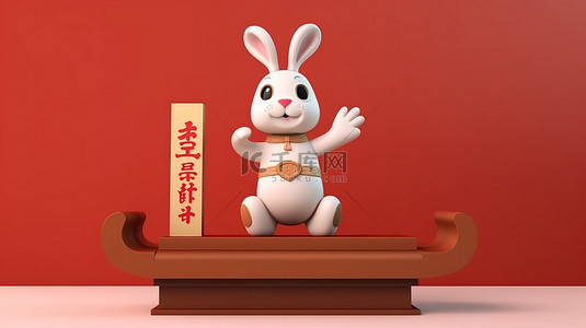 新年传统节日海报背景图片_可爱的兔子角色 3D 渲染与浮动讲台和空白的中国手卷轴