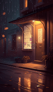 雨点房子灯光下雨的街道卡通可爱的背景