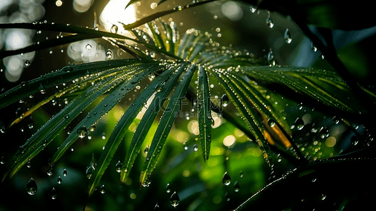 雨中森林雨珠光点光线植物叶子自然背景