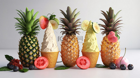 美味的 3D 渲染冰淇淋甜筒，具有椰子柠檬水森林水果和苹果口味