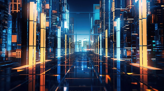建筑网络背景图片_未来派大都市一座 3D 数字建筑，拥有充满活力的发光窗户和闪闪发光的墙壁反射