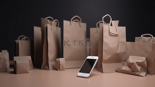 创新购物 3D 智能手机和纸袋塔
