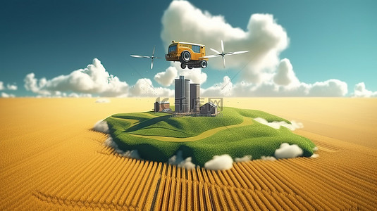 浮背景图片_农业幻想拖拉机和无人机在麦田云和风景如画的浮岛农场上 3D 插图