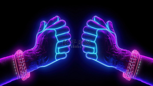 霓虹灯照亮的两只手的当代 3D 图形
