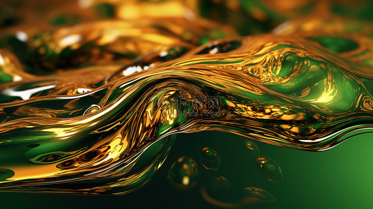 闪闪发光的金色和翡翠流体背景，具有金属光泽和光学折射 3D 视觉效果 3D 设计