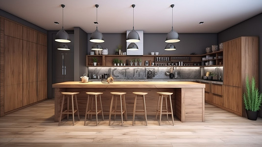 现代木质厨房和餐厅柜台美丽的 3D 渲染
