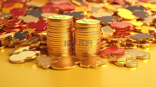 盈利逻辑背景图片_财务成功拼图 3D 堆栈金币，黄色背景上带有充满活力的拼图，代表业务解决方案和用 3D 渲染说明的盈利想法
