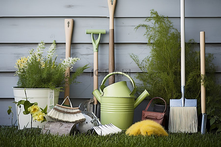 园艺工具背景图片_一套园艺工具，包括一把黄色扫帚