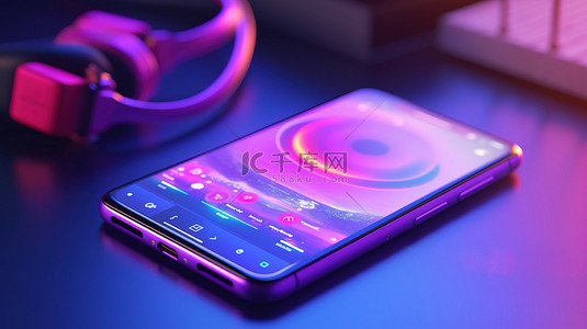 时尚紫色手机的 3D 渲染插图，带有内置音乐小部件，用于流媒体音乐有声读物和播客