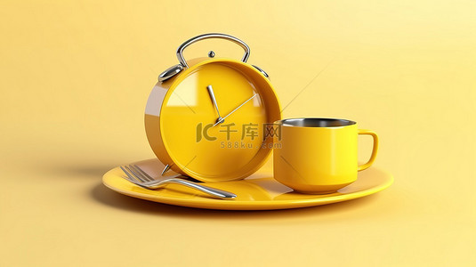 java 中场休息主题白色背景，带有 3D 渲染的黄色杯子和代表闹钟的盘子