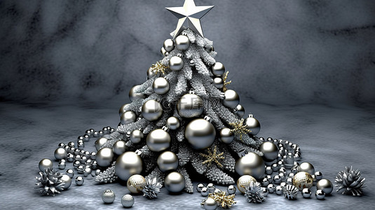 银星和装饰品装饰 3D 圣诞树标志