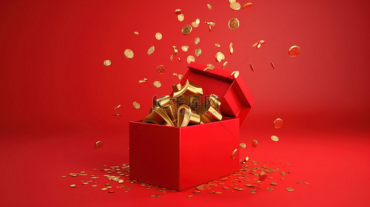 爆炸硬币从红色礼盒中爆出，红色礼盒中带有金丝带弓，在红色背景上以 3D 渲染