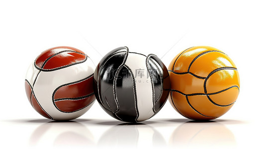 白色背景上的孤立排球足球和篮球运动球，具有 3D 渲染