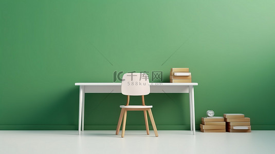 绿板背景下白色木桌椅现代教室的 3D 渲染