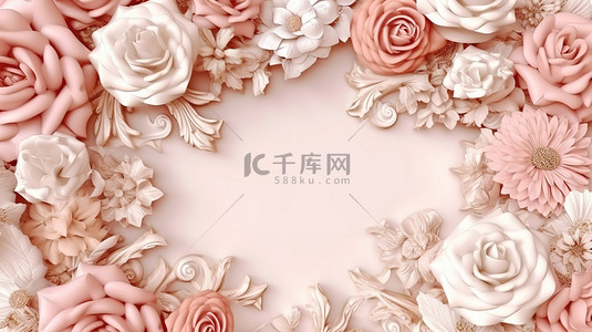 彩色海报边框背景图片_浪漫婚礼场景中的花卉复古框架，散发着优雅和奢华的 3D 渲染效果
