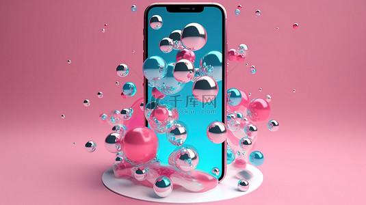 手机模板模板下载背景图片_流行艺术风格的智能手机模型白色空白屏幕漂浮在粉红色和蓝色的光泽气泡中，非常适合广告社交网络和技术概念
