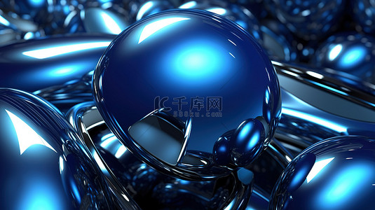 金属蓝色球体的渲染 3D 插图