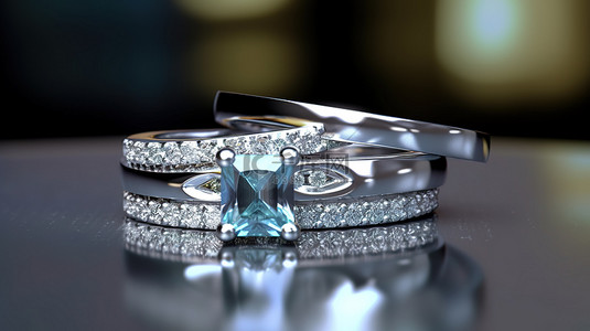 金首饰背景图片_令人惊叹的海蓝宝石订婚戒指采用铂金 3D 渲染，采用堆叠横幅设计