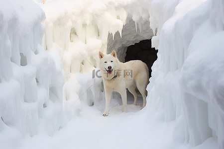 一只白狗站在雪隧道里